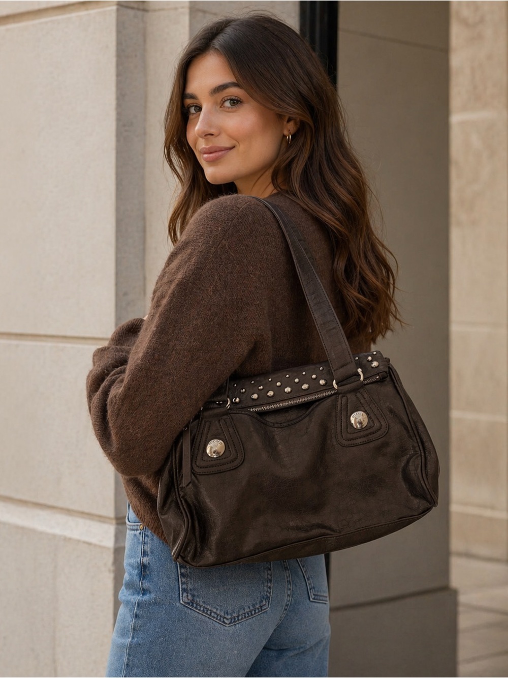 Stud-Accent Chocolate Brown Hobo Shoulder Bag